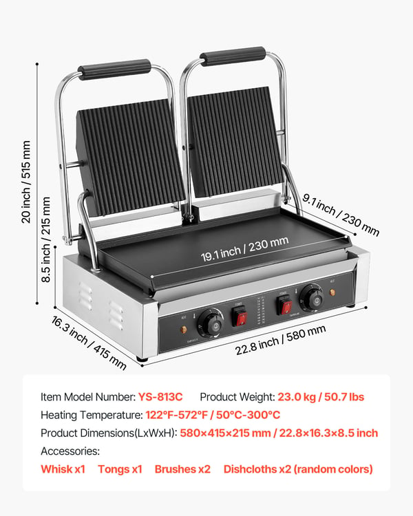 Paninigrill, 48x23 cm rustfrit stål dobbelt sandwichpresse, sølv