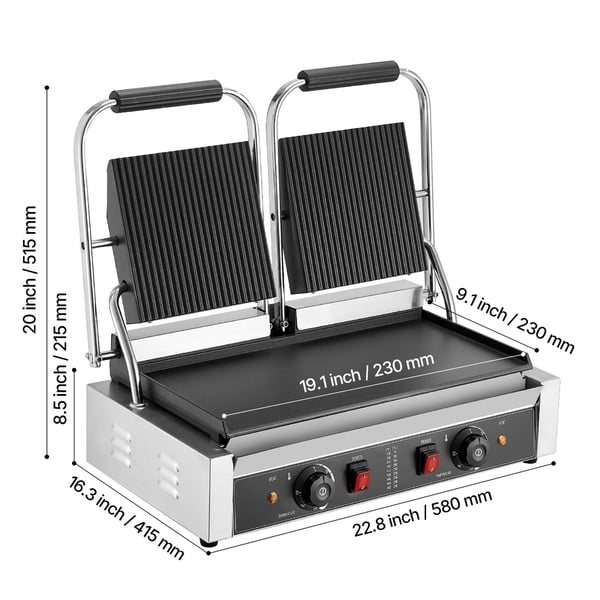 Paninigrill, 48x23 cm rustfrit stål dobbelt sandwichpresse, sølv