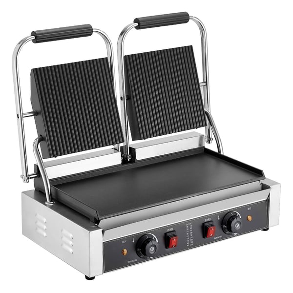 Paninigrill, 48x23 cm rustfrit stål dobbelt sandwichpresse, sølv