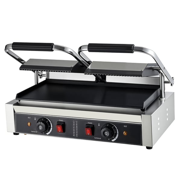 Paninigrill, 48x23 cm rustfrit stål dobbelt sandwichpresse, sølv