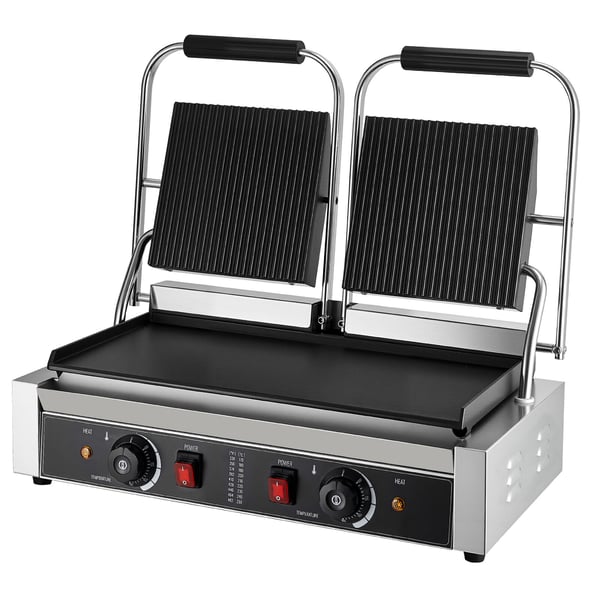 Paninigrill, 48x23 cm rustfrit stål dobbelt sandwichpresse, sølv