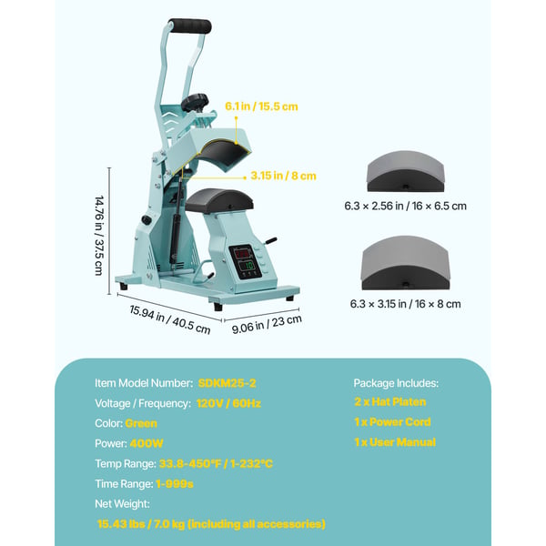 Hat Heat Press Maskine, 40,5x23x37,5 cm, Grøn