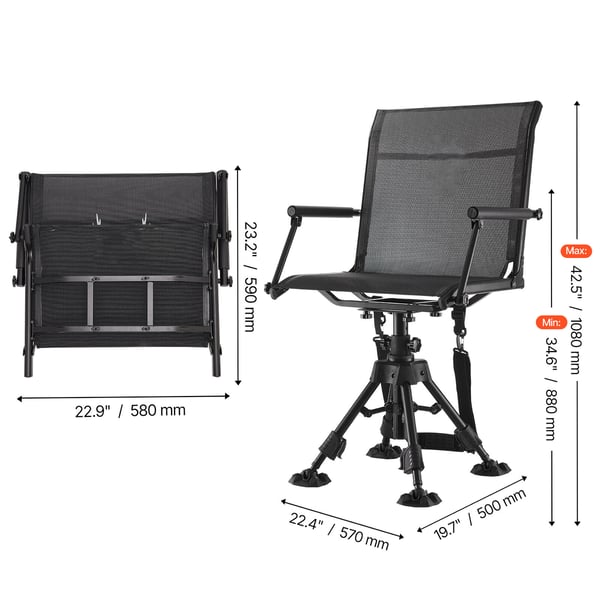 Jagtstol, 360° lydløs drejelig, foldbar og justerbar, 57x50x108 cm, stål