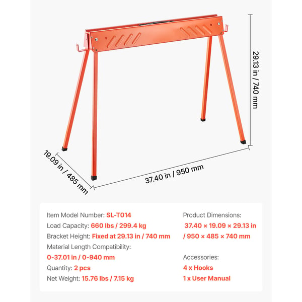 Sågbock, 2-pack hopfällbar helt i metall, 95x48,5x74 cm, extra robust