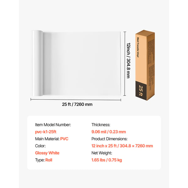 Varmeoverførselsvinylrulle, 304,8x7260 mm, blank hvid, PVC