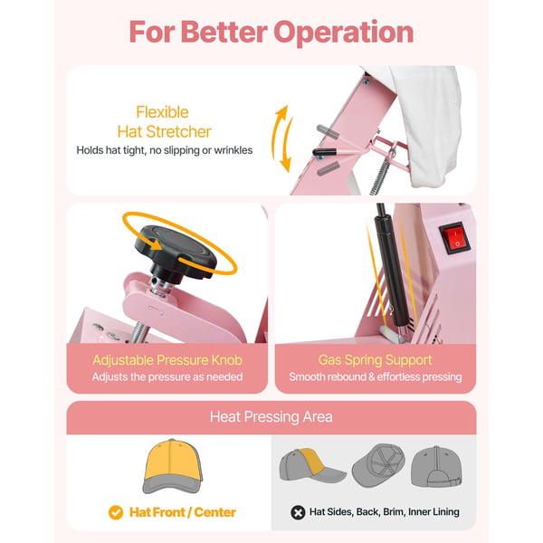 Hat Heat Press Maskine, 405x230x375 mm, Pink, varmeoverførselsenhed