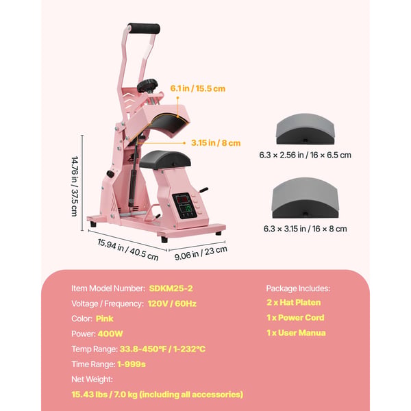 Hat Heat Press Maskine, 405x230x375 mm, Pink, varmeoverførselsenhed