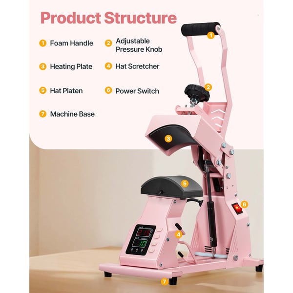 Hat Heat Press Maskine, 405x230x375 mm, Pink, varmeoverførselsenhed