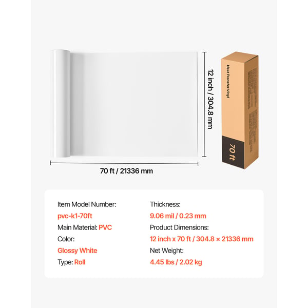 Värmeöverföringsvinylrulle, 30,5x2133,6 cm, Vit, Blank yta