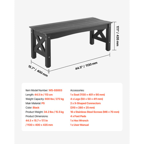 Udendørs bænk, 113x40x43,5 cm, sort, plast