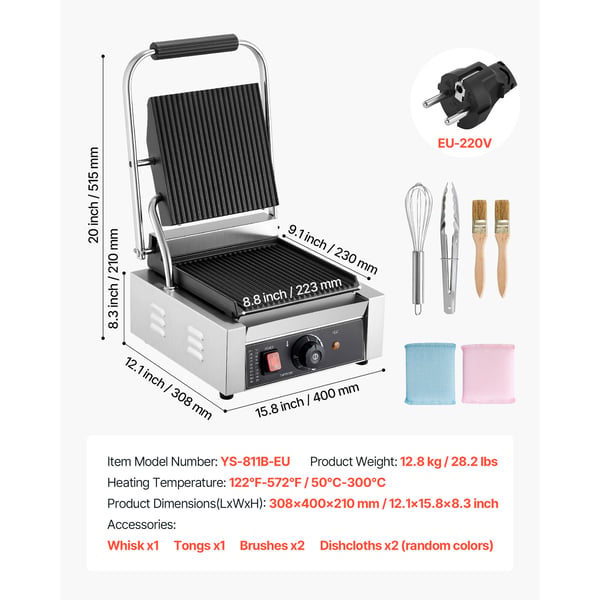 Paninigrill, 22x23 cm, rustfrit stål, elektrisk sandwichmaskine