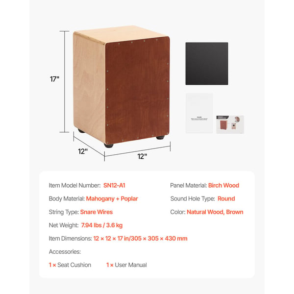 Cajon tromme 30,5x30,5x43 cm naturtræ slaginstrument
