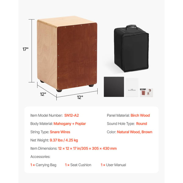 Cajon trommeboks, 30,5x30,5x43 cm, Brun, Birketræ