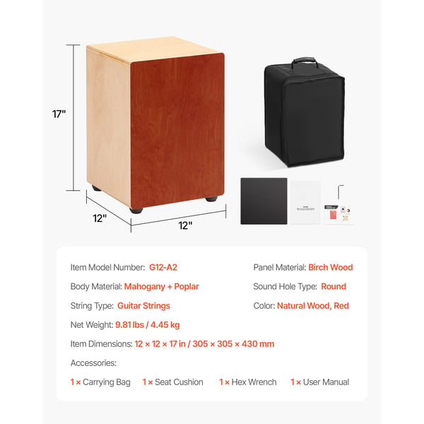 Box Drum, Cajon med indvendige guitarstrenge, 30.5x30.5x43 cm, Naturtræ, Birketræ