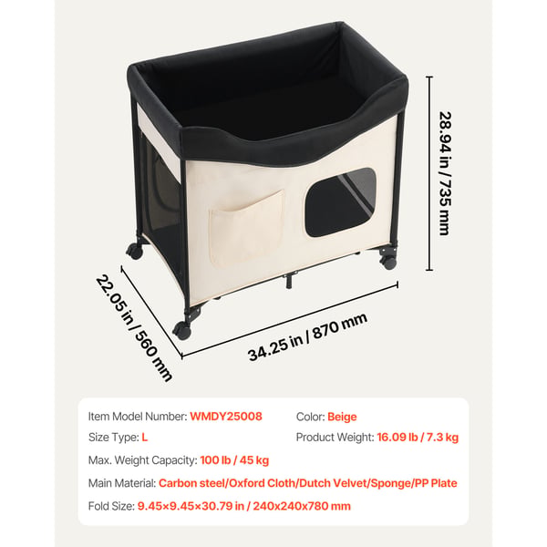 Kæledyrsseng, Hævet Lounge Foldbar Køje, 87x56x73,5 cm, Beige, Opbevaring