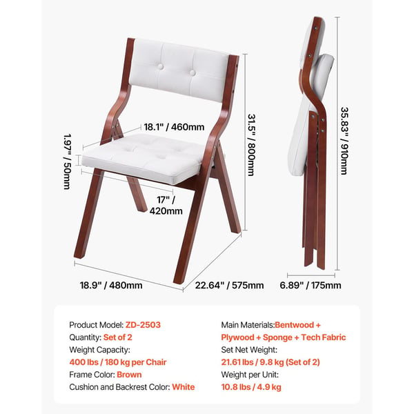 Fällstol, 2-delars set, 57,5x48x80 cm, Vit, Träram