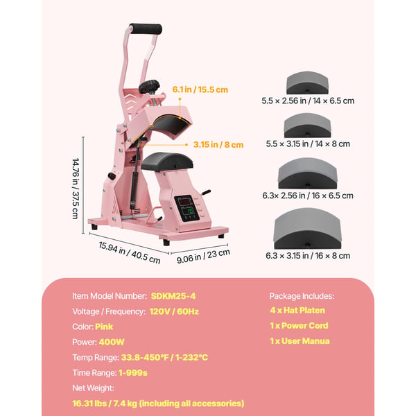 Hat Heat Press Maskine, 40.5x23x37.5 cm, Pink, til sublimationsprojekter