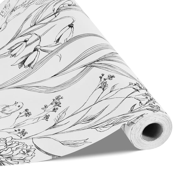 Tapet, Botaniskt Blommönster Vit Linjekonst, 45x1000 cm, Vit, Vinyl