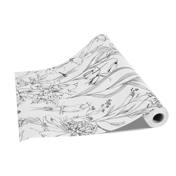 Tapet, Botaniskt Blommönster Vit Linjekonst, 45x1000 cm, Vit, Vinyl