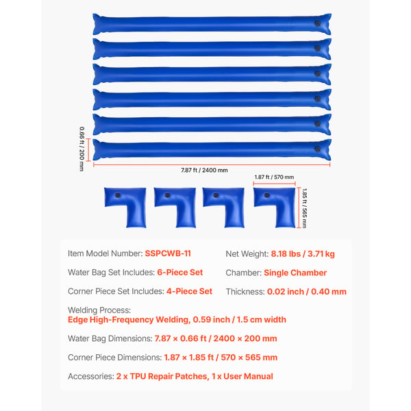 Pool Cover Vandpose Sæt, 6-pak 240x20 cm og 4 hjørnerør, PVC