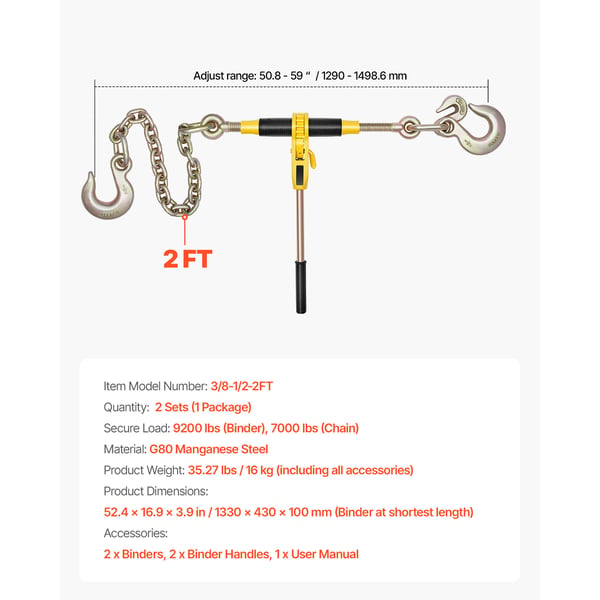 Ratchet kædestrammer, 133x43x10 cm, kraftig stål