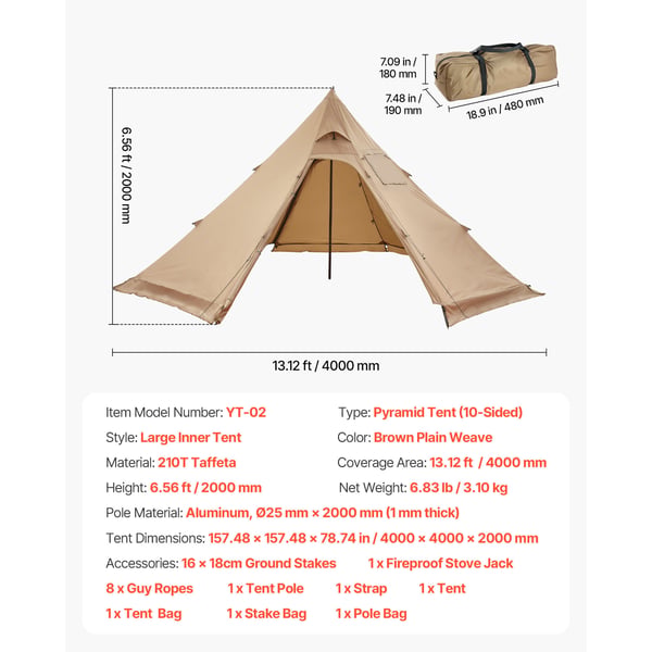 Retkeilyteltta, 4 hengen lämmitettävä tipi-teltta, 400x400x200 cm, ruskea, vedenpitävä kangas