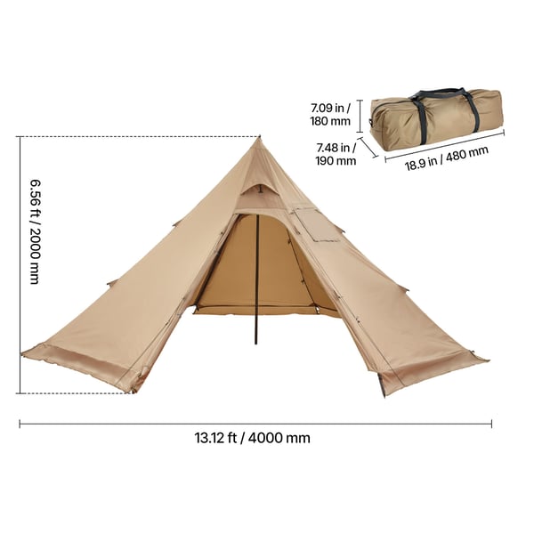 Retkeilyteltta, 4 hengen lämmitettävä tipi-teltta, 400x400x200 cm, ruskea, vedenpitävä kangas