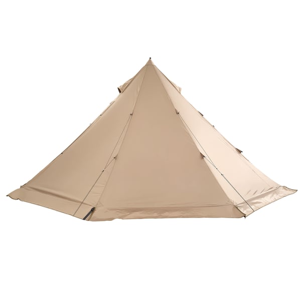 Retkeilyteltta, 4 hengen lämmitettävä tipi-teltta, 400x400x200 cm, ruskea, vedenpitävä kangas