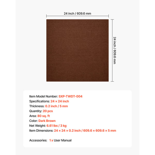 Tæppefliser, 61x61x0,5 cm, mørkebrun, selvklæbende gulv