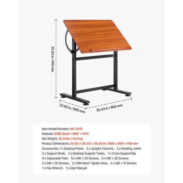 Ritbord, Justerbart 60x90x91 cm Brun, Trä, Justerbar