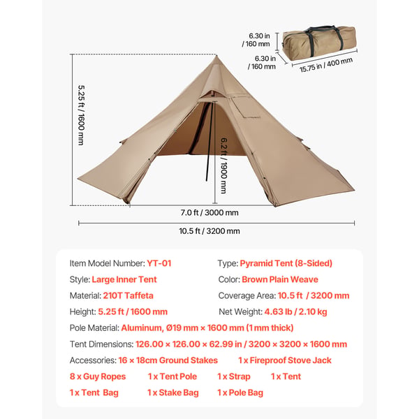Hot Tent, 320x320x160 cm, Brun, Vattentät 4-säsongs campingtält