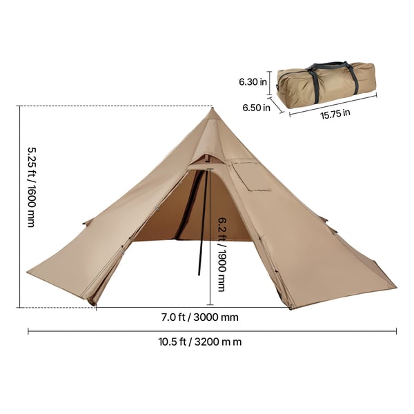 Hot Tent, 320x320x160 cm, Brun, Vattentät 4-säsongs campingtält