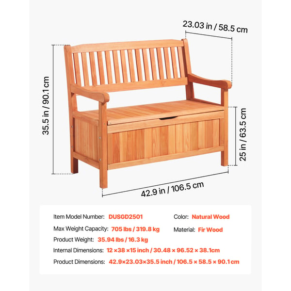 Udendørs opbevaringsbænk, 2-personers, træ, 106,5x58,5x90,1 cm, naturtræ