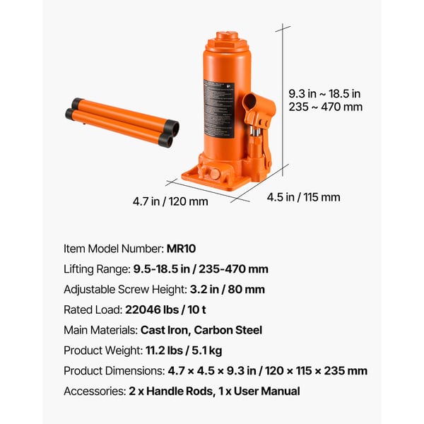 Hydraulinen pullotunkki, 235x115x470 mm, oranssi, raskas käyttö