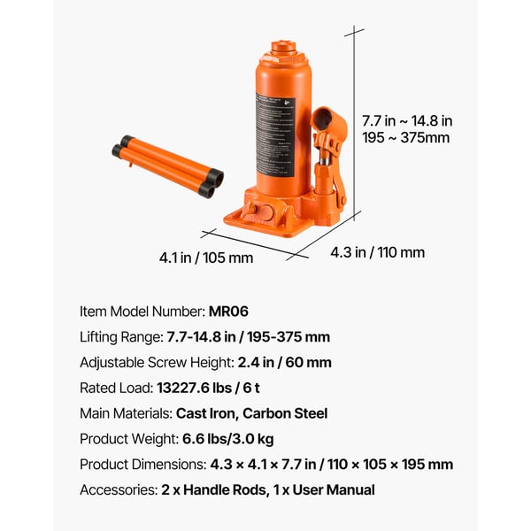 Hydraulisk flaskdomkraft, 195x105x375 mm, orange, kraftig stål
