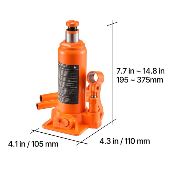 Hydraulisk flaskdomkraft, 195x105x375 mm, orange, kraftig stål