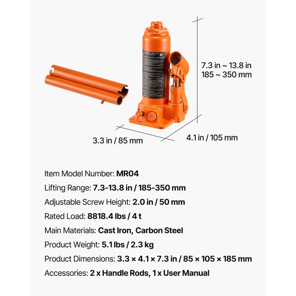 Hydraulisk donkraft, 185x105x185 mm, orange, kraftig model