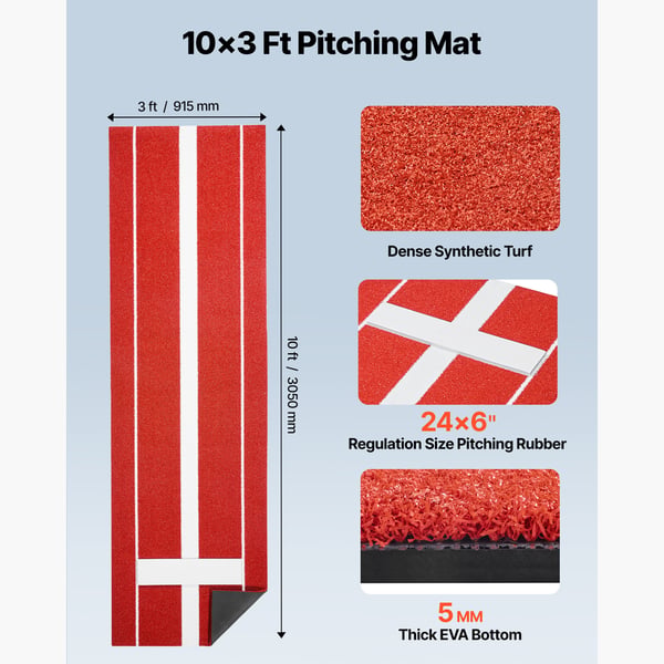 Softball-heittoalusta 305x92 cm punainen, haalistumaton nurmi, liukumaton vaahtomuovipohja