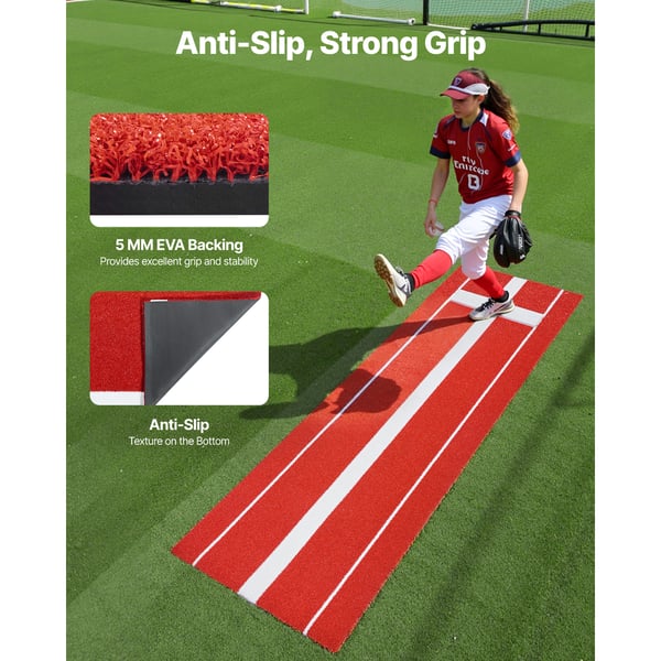 Softball-heittoalusta 305x92 cm punainen, haalistumaton nurmi, liukumaton vaahtomuovipohja