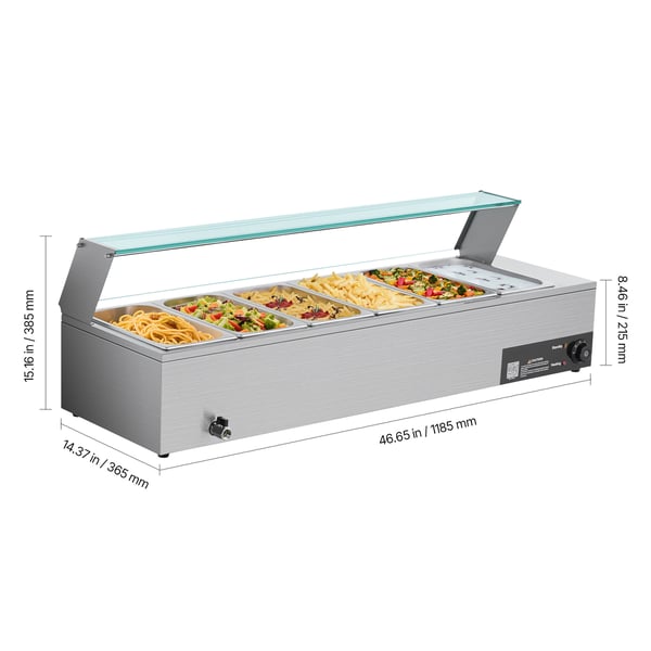 Ruokienlämmitin, 1500W sähköinen ruostumaton teräs, 118.5x36.5x38.5 cm, lasikansi
