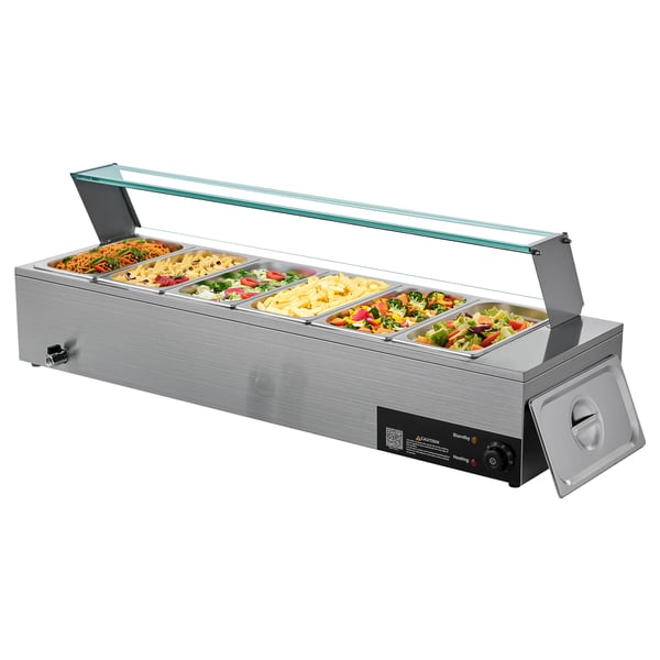 Ruokienlämmitin, 1500W sähköinen ruostumaton teräs, 118.5x36.5x38.5 cm, lasikansi