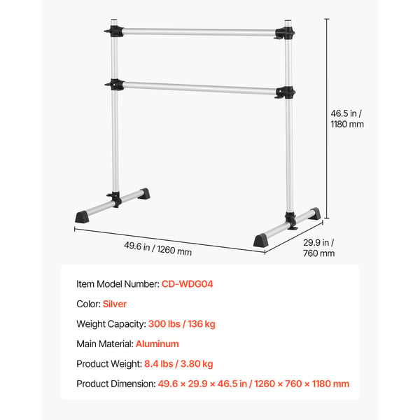 Balletbarre, Aluminium Dobbelt Barre, 126x76x118 cm, Sølv, Justerbar