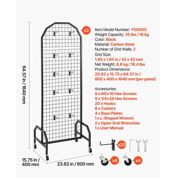 Grid Väggpanel Displayställ, 60x164 cm, Svart, Kolfiberstål, Förvaring