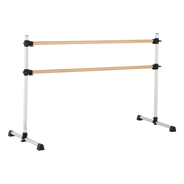 Balletbarre, dobbelt fritstående justerbar i bøgetræ, 184x76x118 cm, sølv