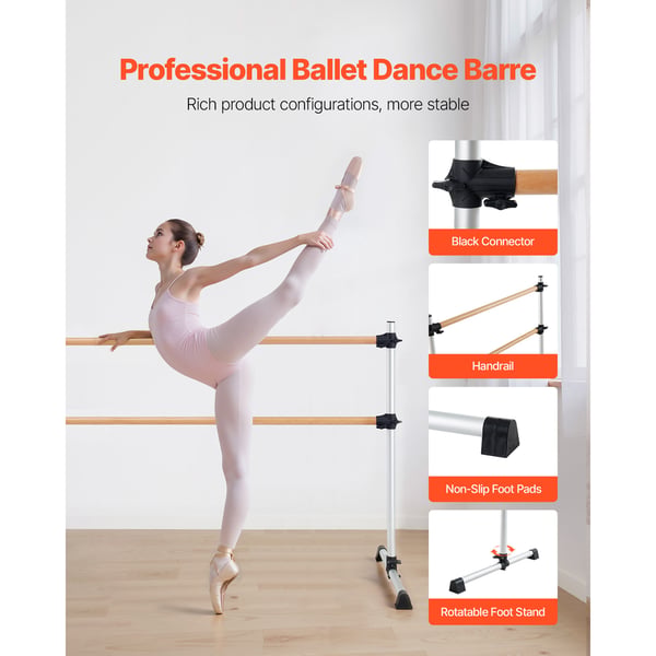 Balletbarre, dobbelt fritstående justerbar i bøgetræ, 184x76x118 cm, sølv