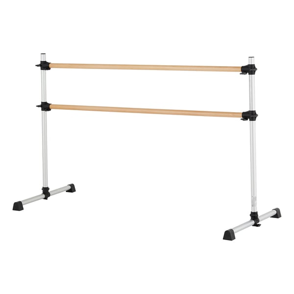 Balletbarre, dobbelt fritstående justerbar i bøgetræ, 184x76x118 cm, sølv