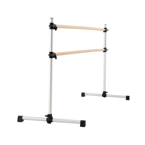 Balletbarre, dobbelt fritstående justerbar i bøgetræ, 184x76x118 cm, sølv