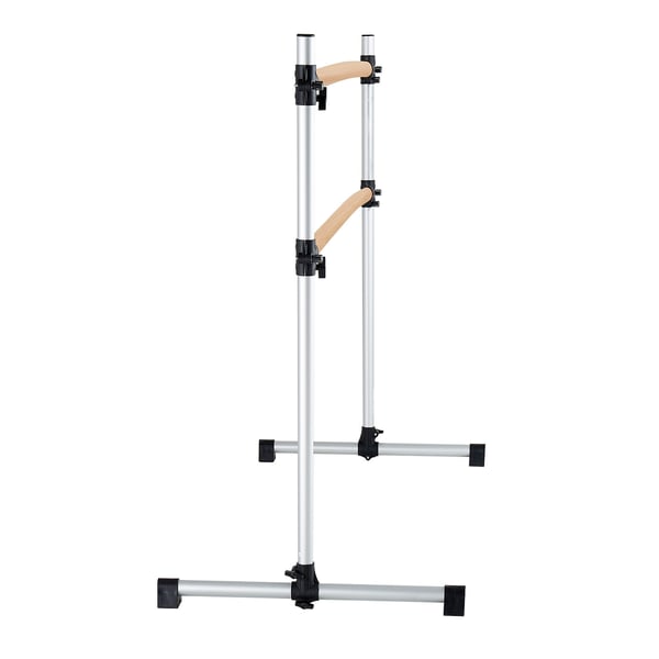 Balletbarre, dobbelt fritstående justerbar i bøgetræ, 184x76x118 cm, sølv
