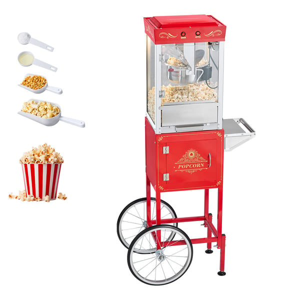 Popcornmaskine med vogn, 0,2 kg rustfri stålkedel, rød, kommerciel Popcornmaskine med vogn, 0,2 kg rustfri stålkedel, rød, kommerciel