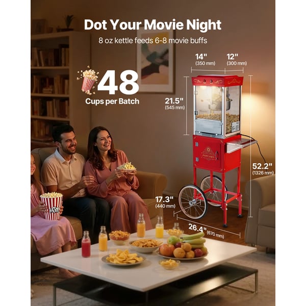 Popcornmaskin med vagn, 0,2 kg rostfri stålkittel, röd, kommersiell